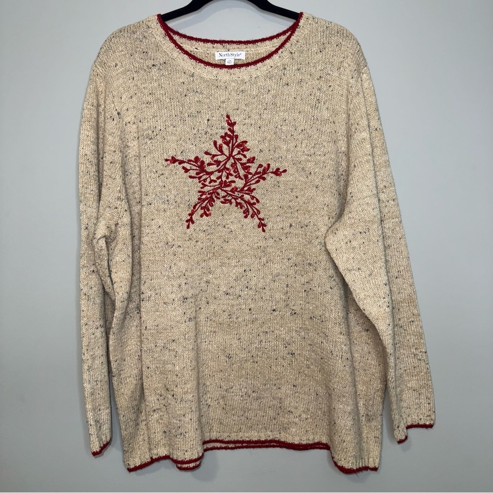 NorthStyle Womens 2X Beige Red Flecked Knit Embroidered Star Pullover Sweater